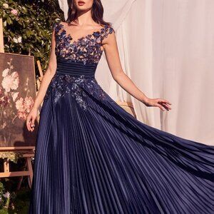 Navy blue or black formal mother of the bride dress. Pleated satin a line gown